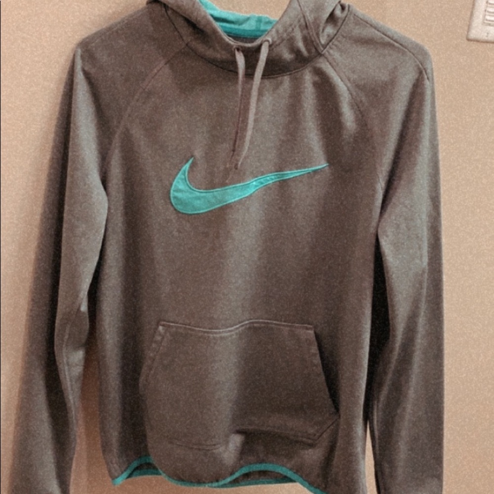 Nike dri fit grey w/ teal swoosh hoodie